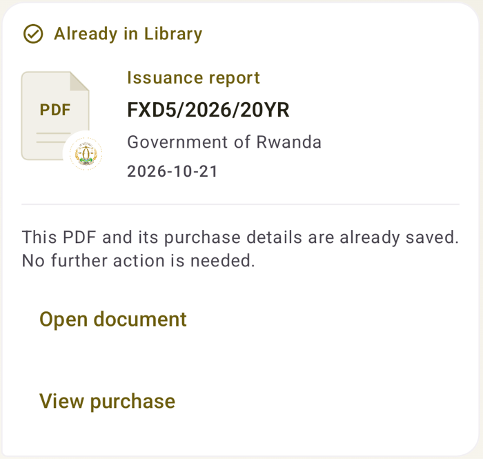 Actual app receipt explaining that a document is already in the library.
